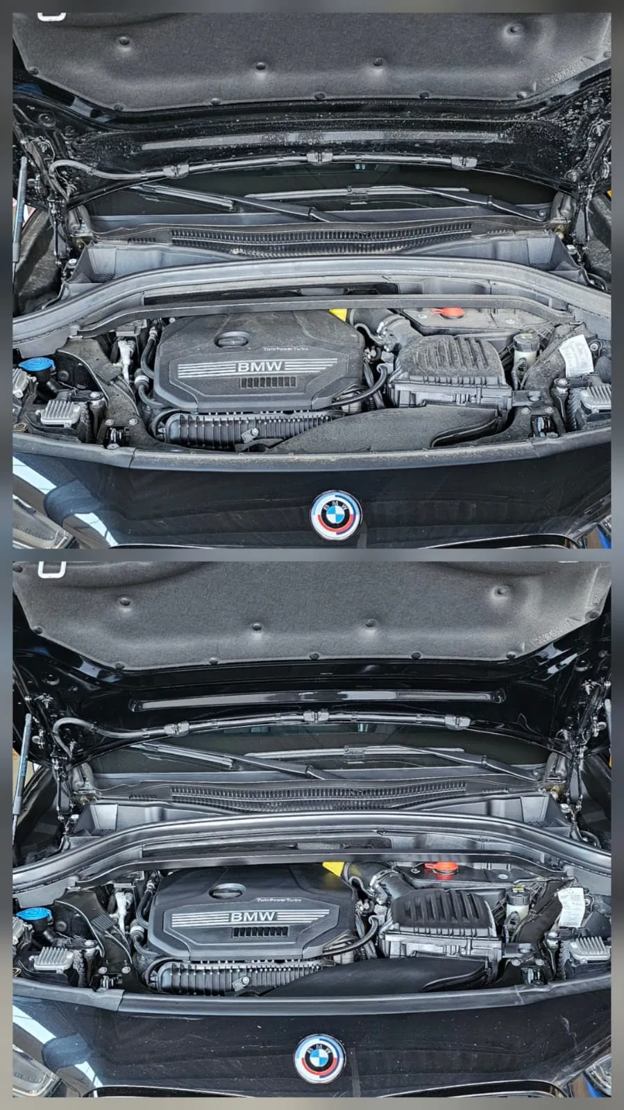 Vorher-Nachher-Vergleich eines BMW-Motorraums: oben staubig, unten gereinigt und gepflegt